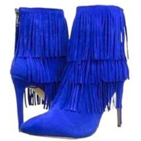 💥RETRO CHIC💥Flapper Fringe Genuine Suede Stiletto Bootiesin Royal Blue
